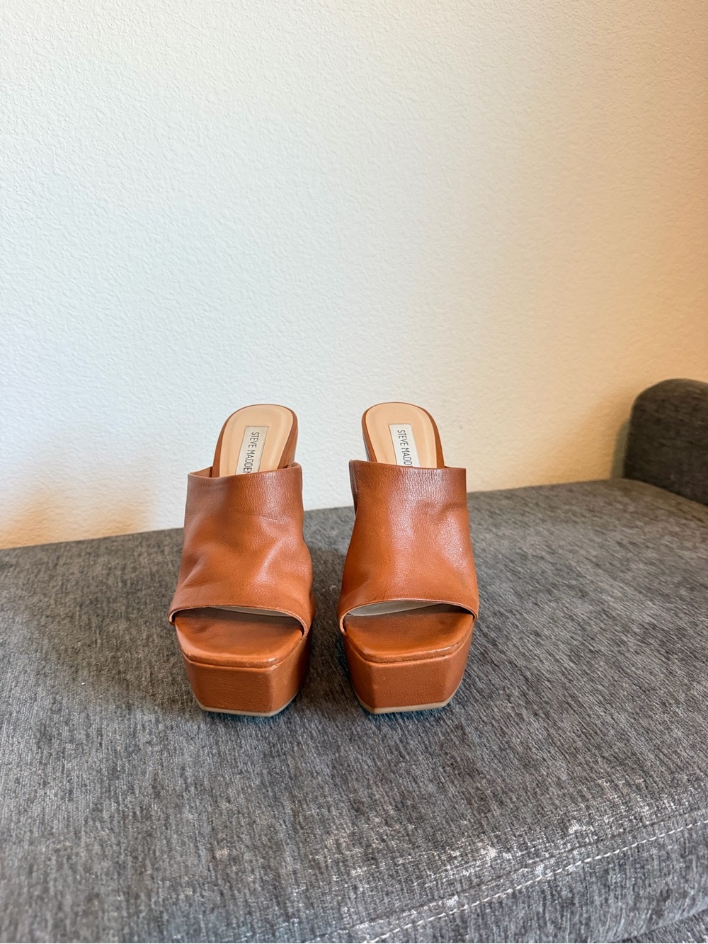 Steve Madden Cognac Leather Platform Slide Sandals